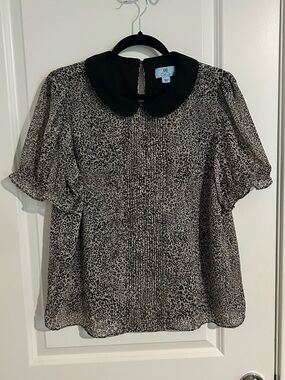 CeCe Taupe and Black Leopard Print Peter Pan Collar Blouse